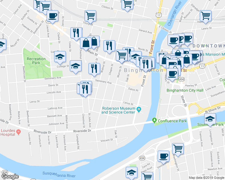 map of restaurants, bars, coffee shops, grocery stores, and more near 77 Murray Street in Binghamton