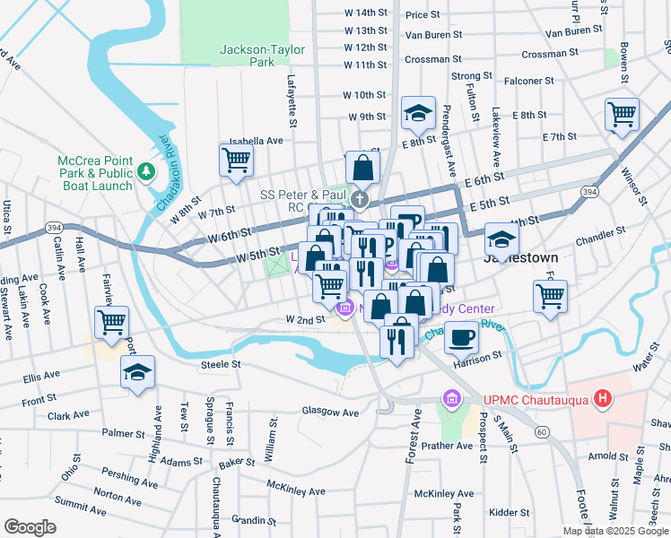 map of restaurants, bars, coffee shops, grocery stores, and more near 100-112 West 3rd Street in Jamestown
