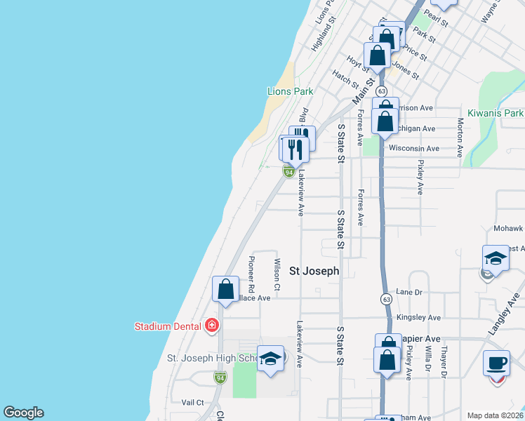 map of restaurants, bars, coffee shops, grocery stores, and more near 1860 Lakeshore Drive in St. Joseph