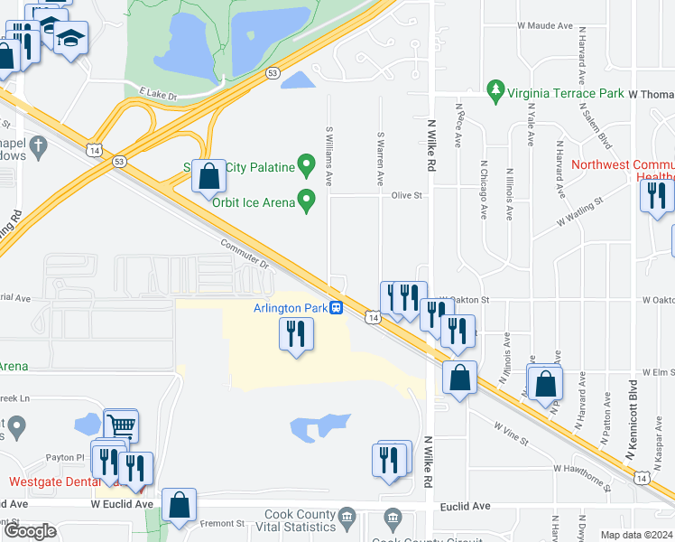 map of restaurants, bars, coffee shops, grocery stores, and more near 1426 Katie Lane in Palatine
