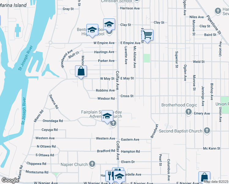 map of restaurants, bars, coffee shops, grocery stores, and more near 114 Robbins Avenue in Benton Harbor