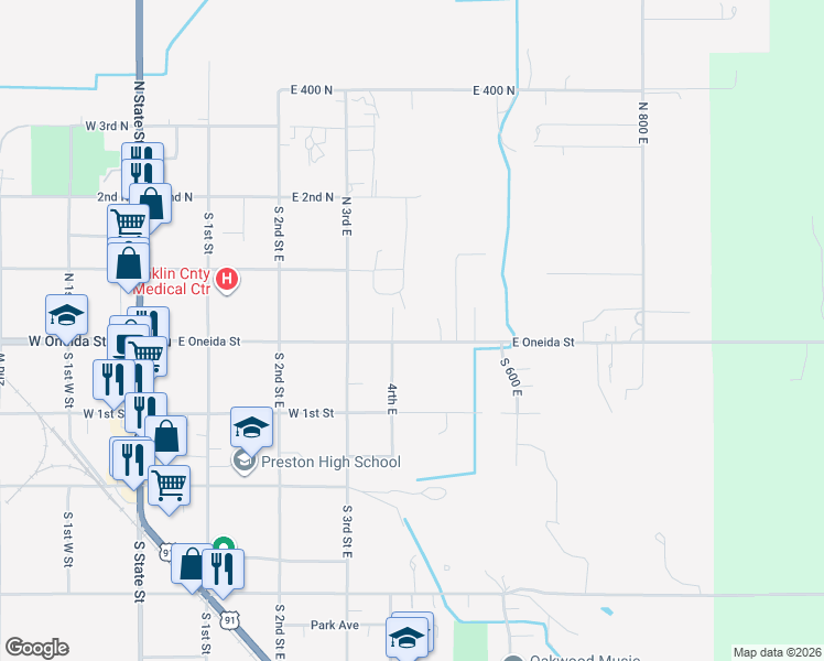 map of restaurants, bars, coffee shops, grocery stores, and more near 430 East Oneida Street in Preston