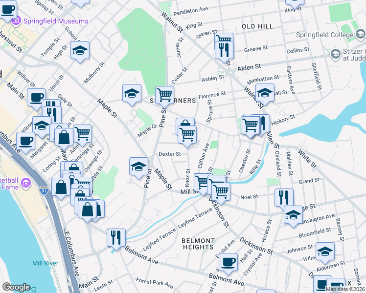map of restaurants, bars, coffee shops, grocery stores, and more near 55-57 Dexter Street in Springfield