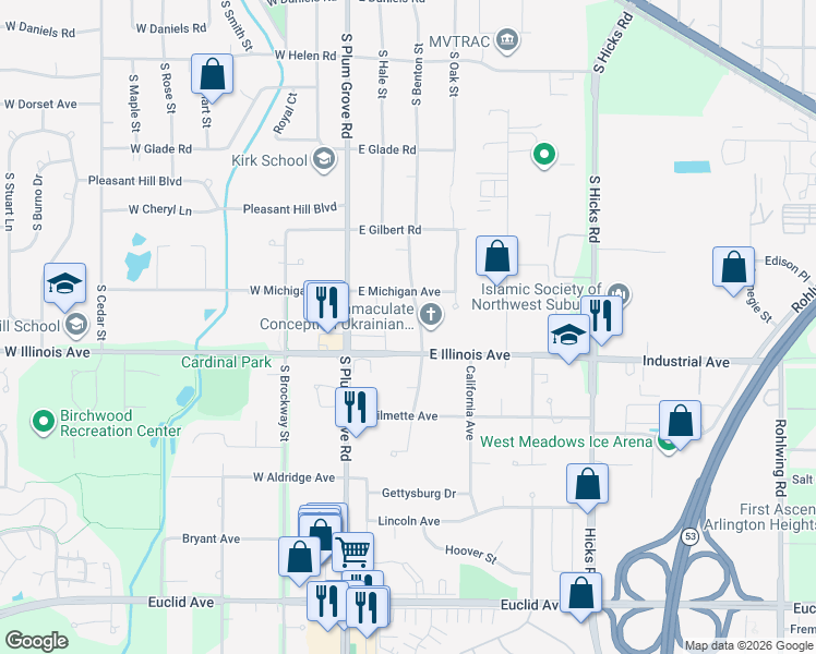 map of restaurants, bars, coffee shops, grocery stores, and more near 778 South Benton Street in Palatine