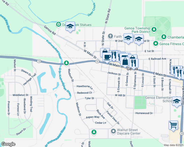 map of restaurants, bars, coffee shops, grocery stores, and more near 548 Jackson Woods Court in Genoa