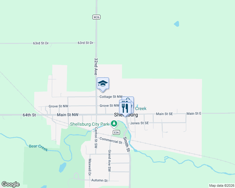 map of restaurants, bars, coffee shops, grocery stores, and more near 106 Cottage Street Northwest in Shellsburg