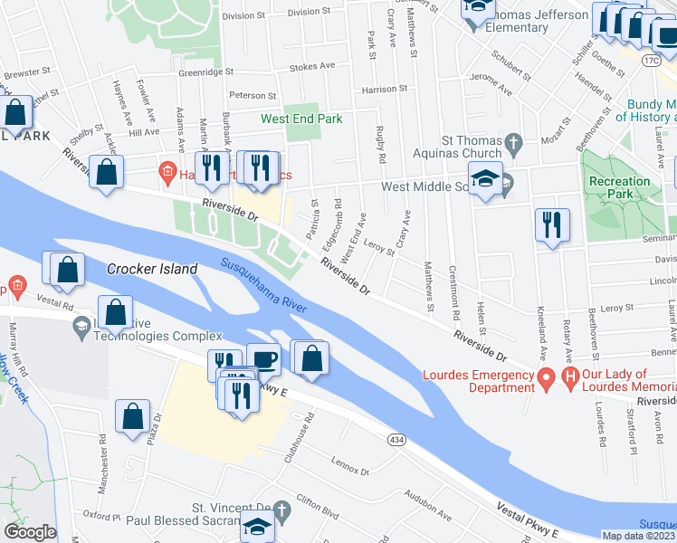 map of restaurants, bars, coffee shops, grocery stores, and more near Riverside Drive & West End Avenue in Binghamton