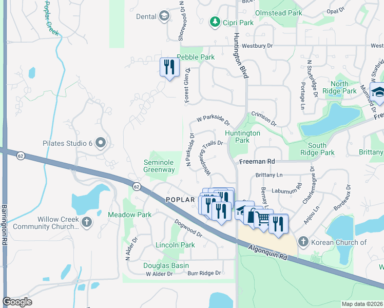 map of restaurants, bars, coffee shops, grocery stores, and more near 4025 North Parkside Drive in Hoffman Estates
