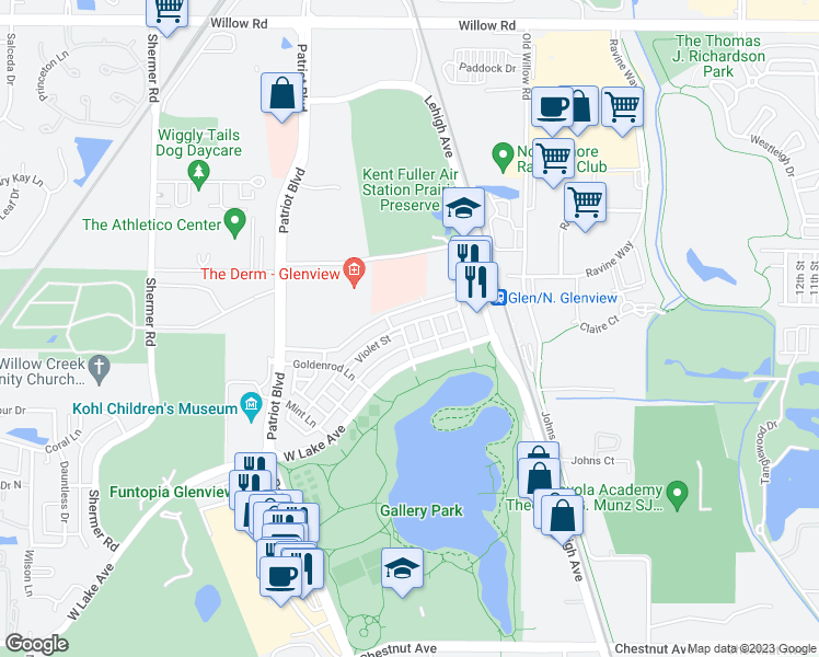 map of restaurants, bars, coffee shops, grocery stores, and more near 2331 Poppy Lane in Glenview