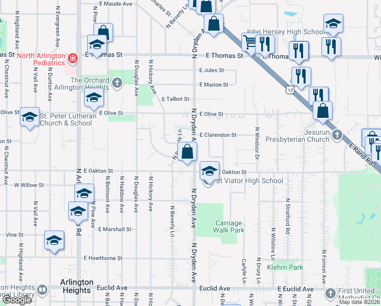 map of restaurants, bars, coffee shops, grocery stores, and more near 1109 North Dryden Avenue in Arlington Heights