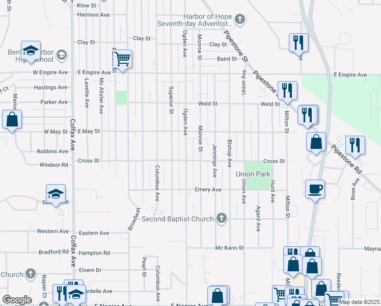 map of restaurants, bars, coffee shops, grocery stores, and more near 1220 Ogden Avenue in Benton Harbor