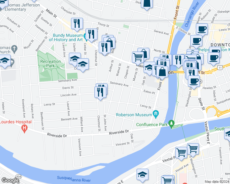 map of restaurants, bars, coffee shops, grocery stores, and more near 34 Walnut Street in Binghamton