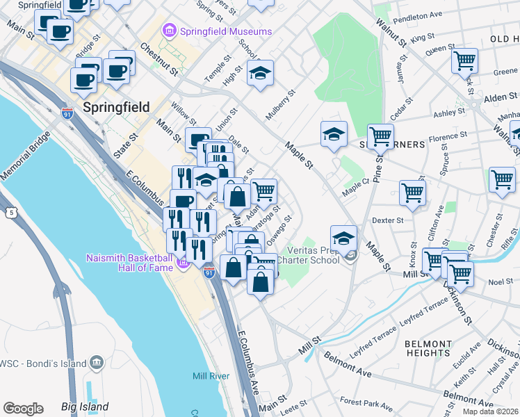 map of restaurants, bars, coffee shops, grocery stores, and more near 9 Dwight Street Extension in Springfield