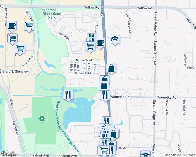 map of restaurants, bars, coffee shops, grocery stores, and more near 1711 Wildberry Drive in Glenview