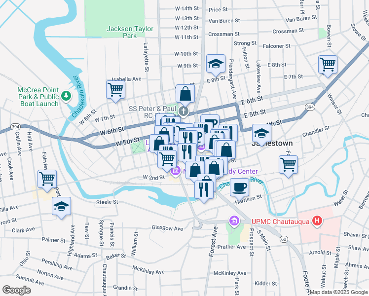 map of restaurants, bars, coffee shops, grocery stores, and more near 100-112 West 3rd Street in Jamestown