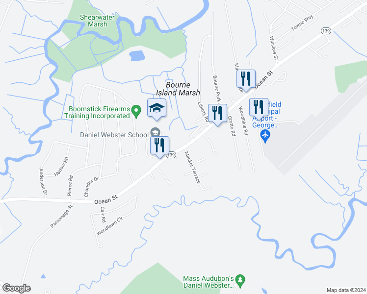 map of restaurants, bars, coffee shops, grocery stores, and more near 1423 Ocean Street in Marshfield