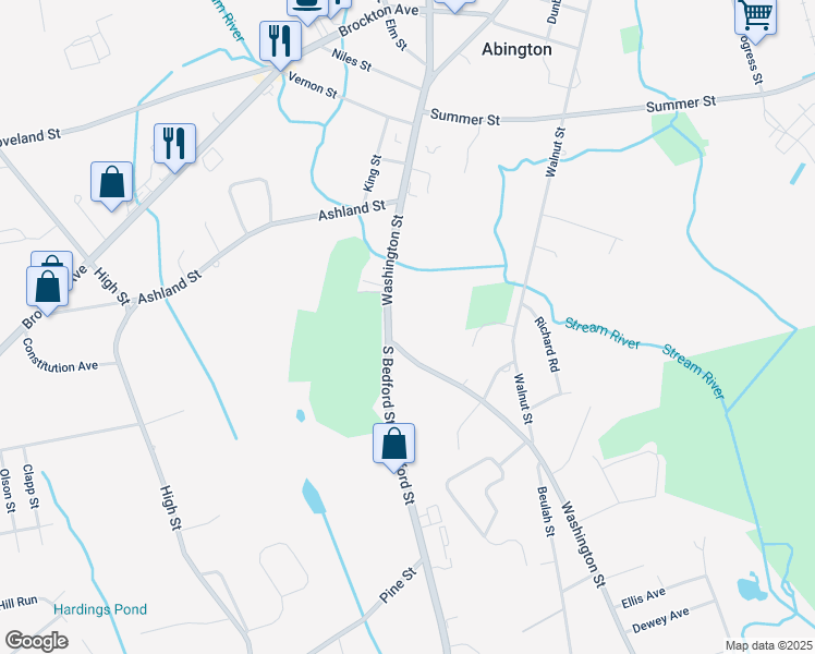 map of restaurants, bars, coffee shops, grocery stores, and more near 98 Washington Street in Abington