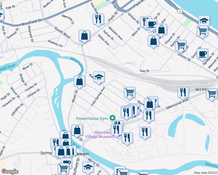 map of restaurants, bars, coffee shops, grocery stores, and more near 170 Baldwin Street in West Springfield