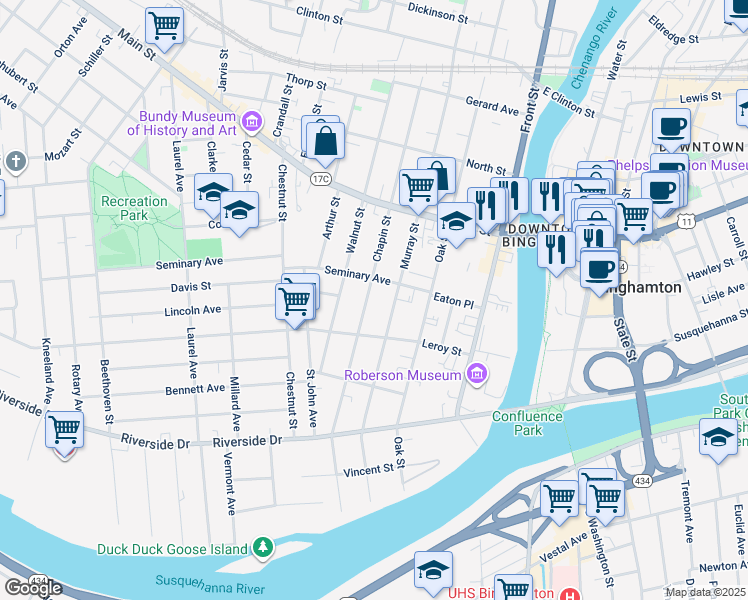 map of restaurants, bars, coffee shops, grocery stores, and more near 77 Murray Street in Binghamton