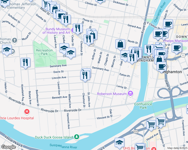 map of restaurants, bars, coffee shops, grocery stores, and more near 58 Leroy Street in Binghamton