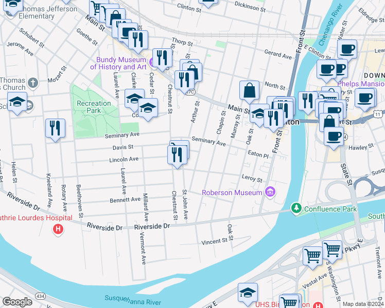 map of restaurants, bars, coffee shops, grocery stores, and more near 33 Walnut Street in Binghamton