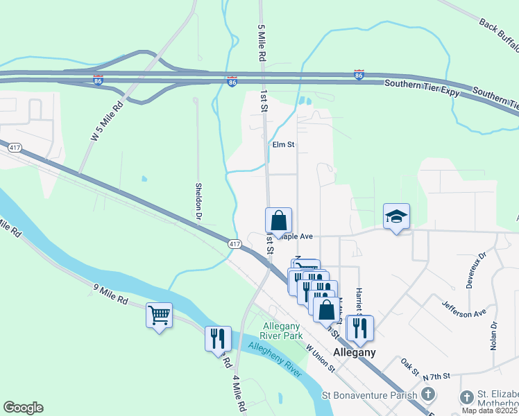 map of restaurants, bars, coffee shops, grocery stores, and more near 45 1st Street in Allegany