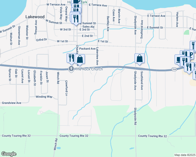 map of restaurants, bars, coffee shops, grocery stores, and more near 32 Lakeview Drive in Lakewood