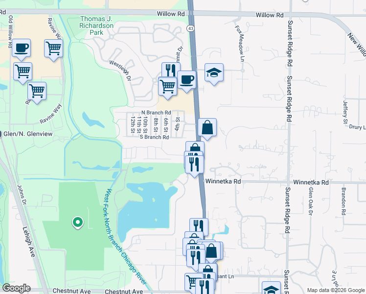 map of restaurants, bars, coffee shops, grocery stores, and more near 1711 Wildberry Drive in Glenview