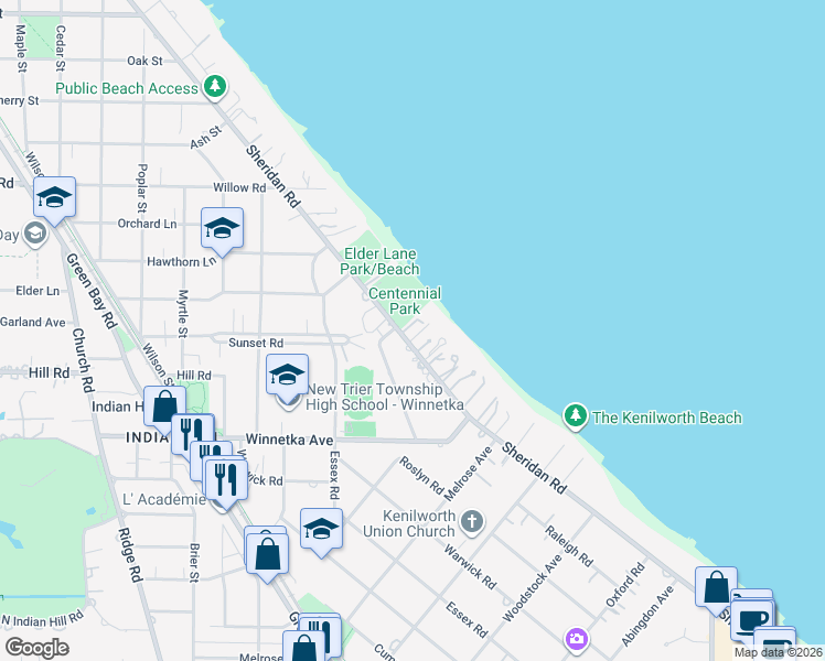 map of restaurants, bars, coffee shops, grocery stores, and more near 199 Sheridan Road in Winnetka