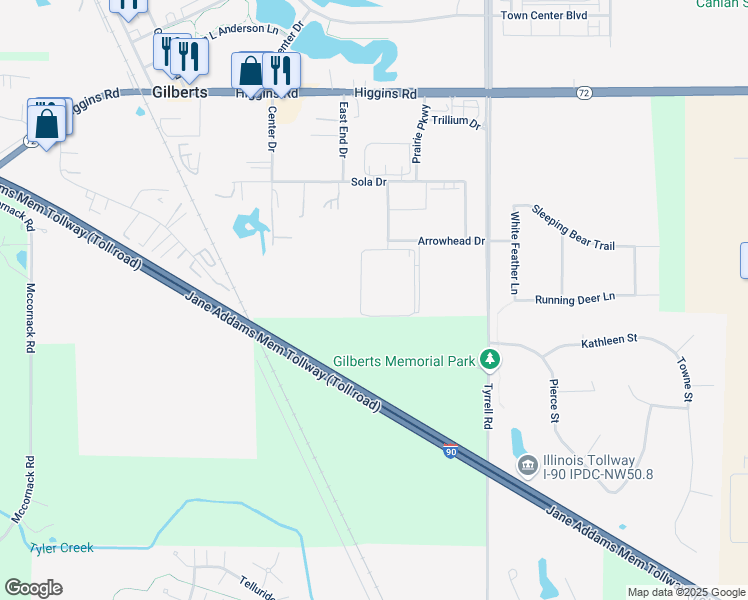 map of restaurants, bars, coffee shops, grocery stores, and more near 290 Burnet Drive in Gilberts