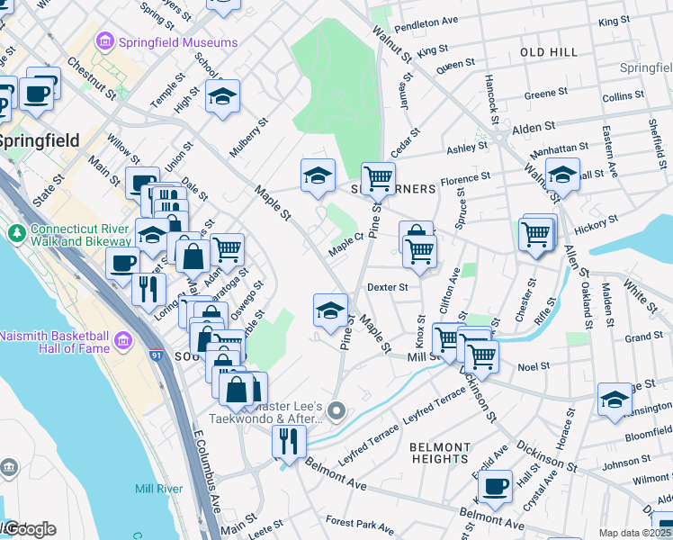 map of restaurants, bars, coffee shops, grocery stores, and more near 303 Maple Street in Springfield