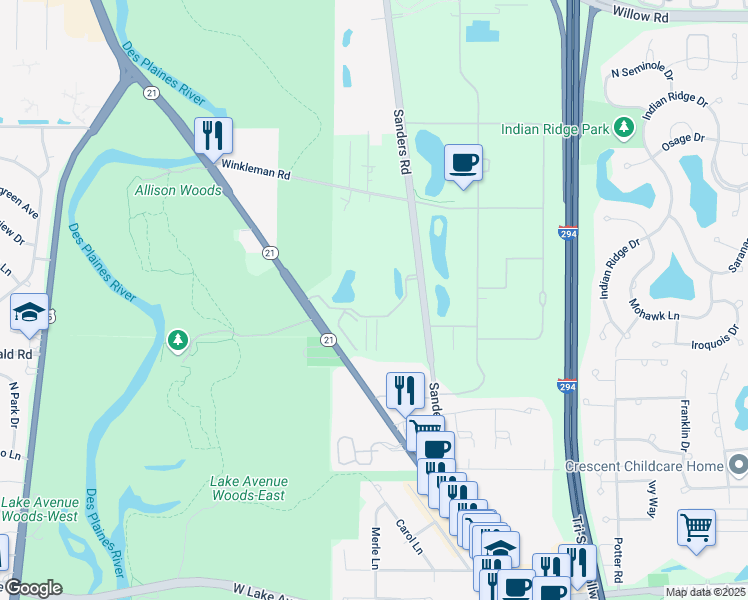 map of restaurants, bars, coffee shops, grocery stores, and more near 3100 Sanders Road in Northbrook