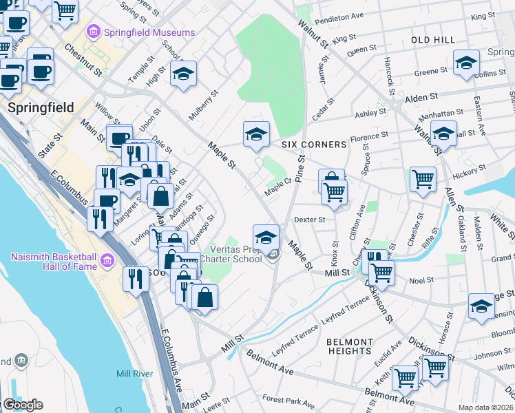 map of restaurants, bars, coffee shops, grocery stores, and more near 308 Maple Street in Springfield