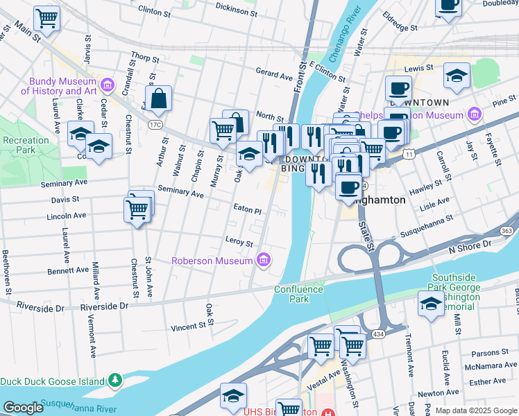 map of restaurants, bars, coffee shops, grocery stores, and more near 65 Front Street in Binghamton