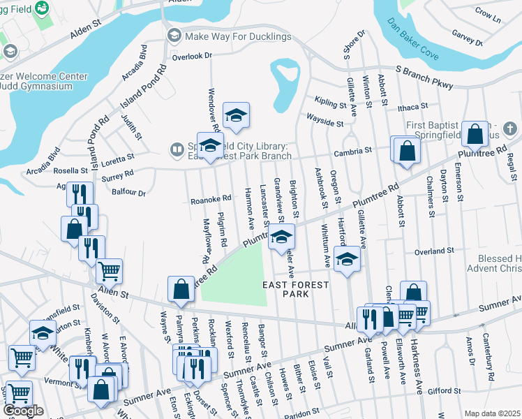 map of restaurants, bars, coffee shops, grocery stores, and more near 14 Lancaster Street in Springfield