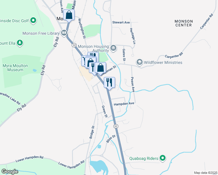 map of restaurants, bars, coffee shops, grocery stores, and more near 230 Main Street in Monson