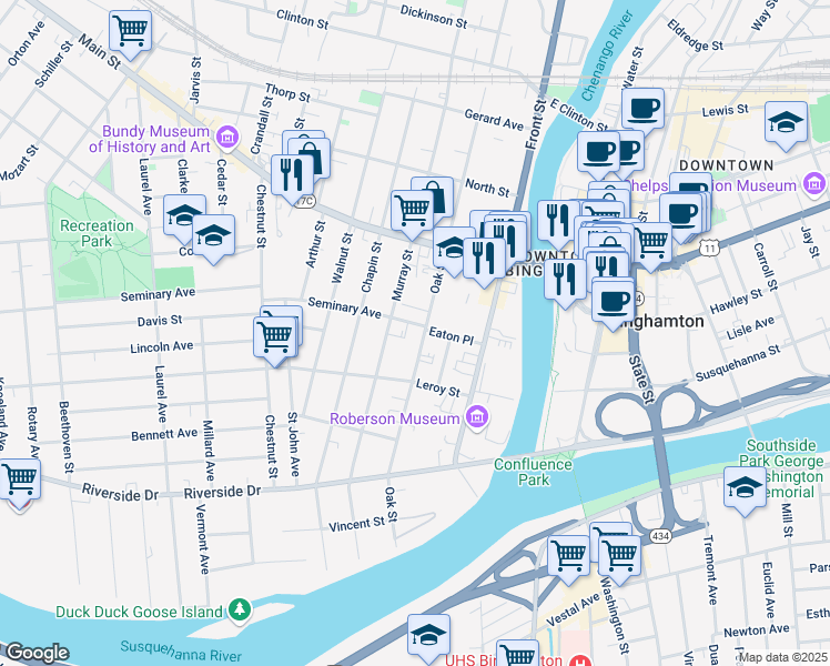 map of restaurants, bars, coffee shops, grocery stores, and more near 77 Oak Street in Binghamton