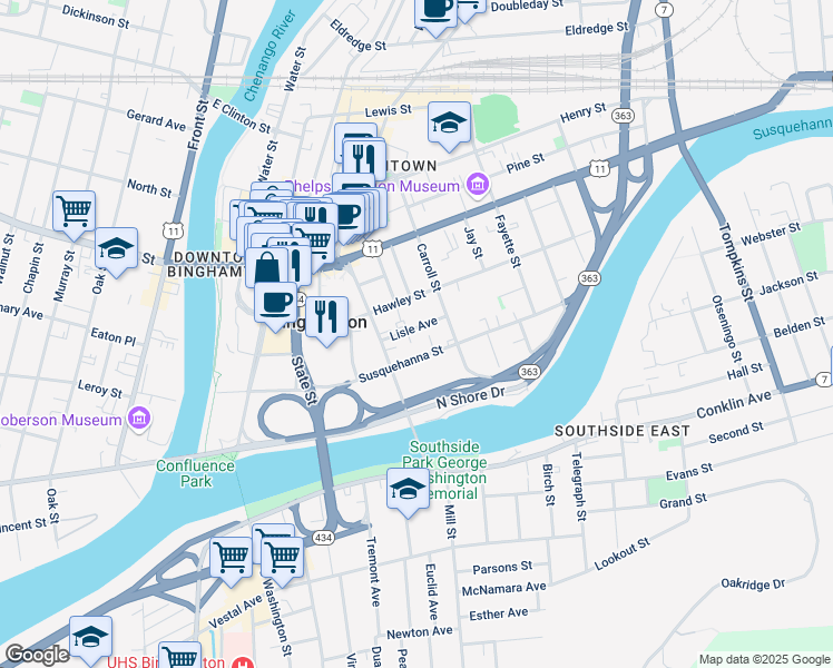 map of restaurants, bars, coffee shops, grocery stores, and more near 52 Carroll Street in Binghamton