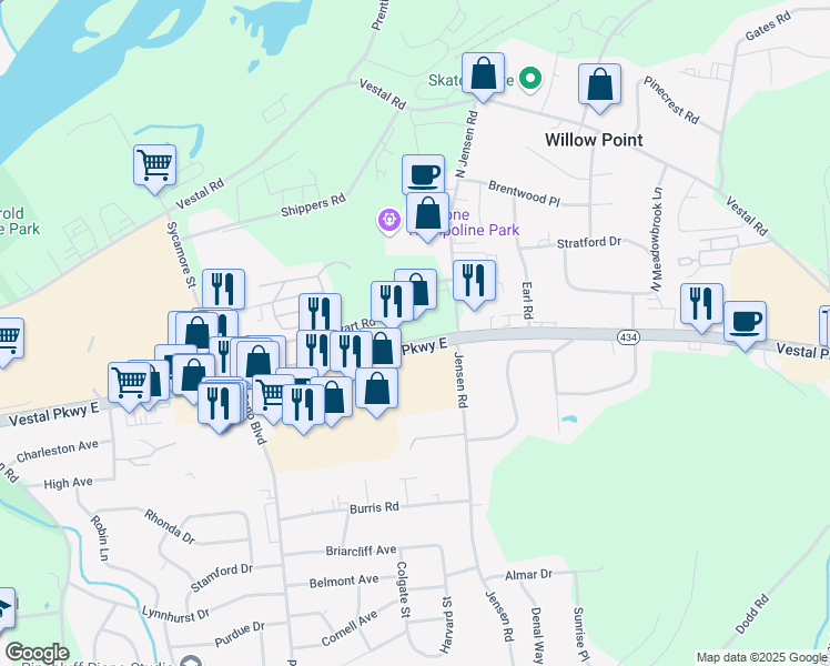 map of restaurants, bars, coffee shops, grocery stores, and more near 3209 Vestal Parkway East in Vestal