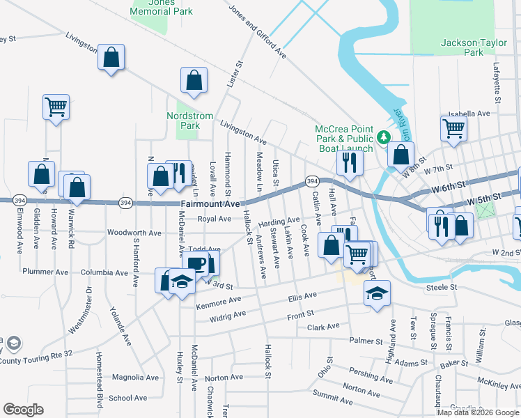 map of restaurants, bars, coffee shops, grocery stores, and more near 334 Hallock Street in Jamestown