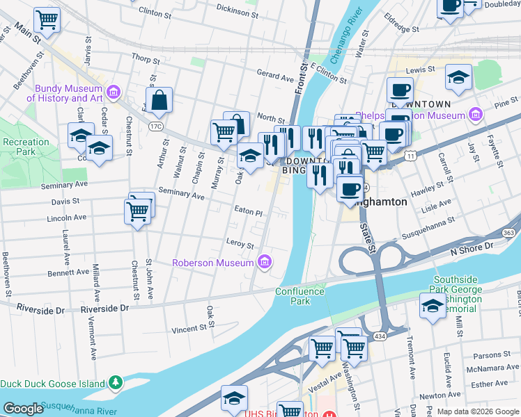map of restaurants, bars, coffee shops, grocery stores, and more near 98 Oak Street in Binghamton