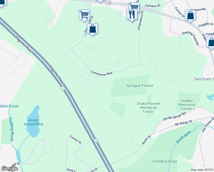 map of restaurants, bars, coffee shops, grocery stores, and more near Commerce Road in Marshfield