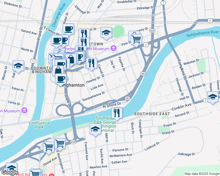 map of restaurants, bars, coffee shops, grocery stores, and more near 50 Carroll Street in Binghamton