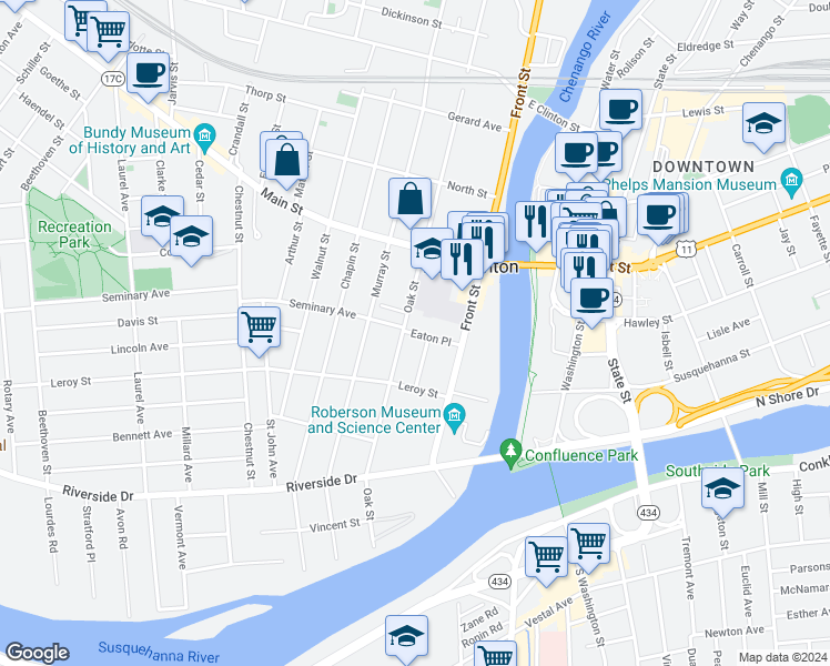 map of restaurants, bars, coffee shops, grocery stores, and more near 98 Oak Street in Binghamton