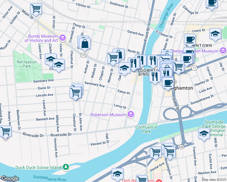 map of restaurants, bars, coffee shops, grocery stores, and more near 2 Chapel Place in Binghamton