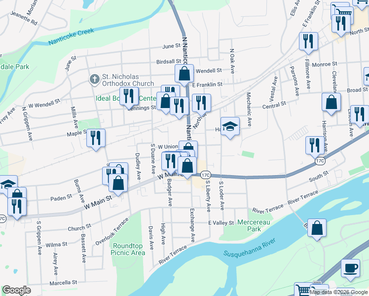 map of restaurants, bars, coffee shops, grocery stores, and more near 109 West Union Street in Endicott