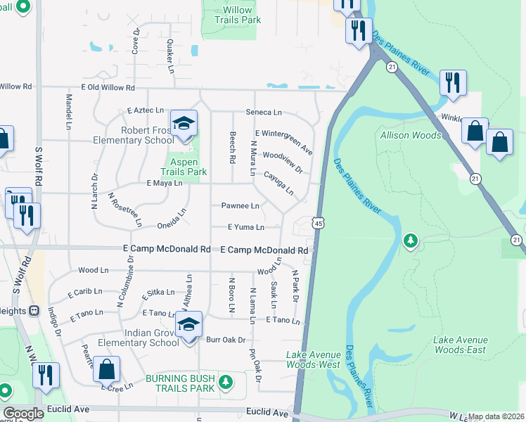 map of restaurants, bars, coffee shops, grocery stores, and more near 1517 North Mura Lane in Mount Prospect