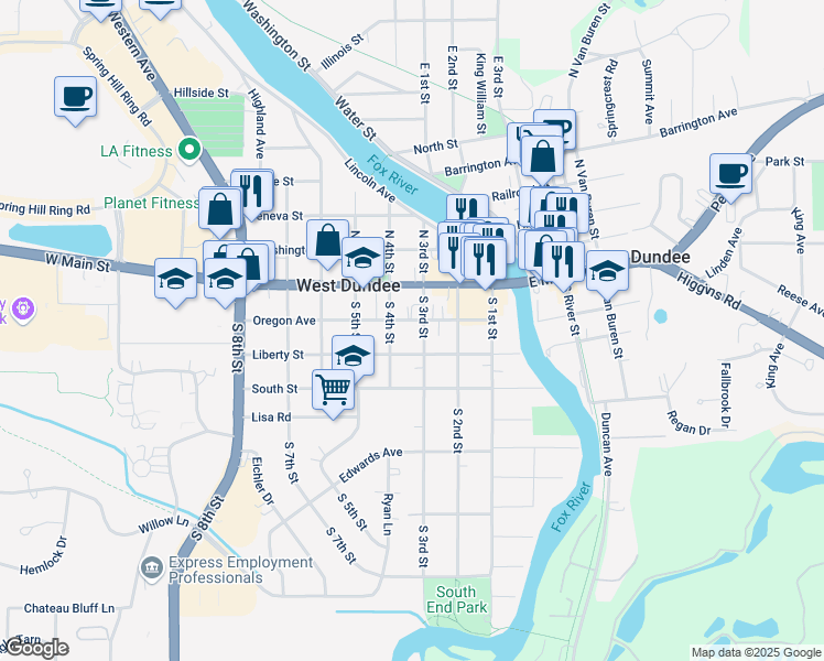 map of restaurants, bars, coffee shops, grocery stores, and more near 312 Oregon Avenue in West Dundee