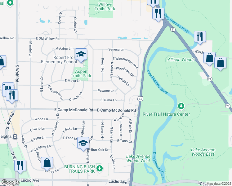 map of restaurants, bars, coffee shops, grocery stores, and more near 1517 North Mura Lane in Mount Prospect