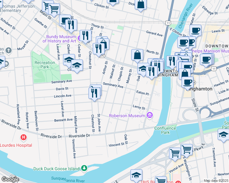 map of restaurants, bars, coffee shops, grocery stores, and more near 107 Chapin Street in Binghamton